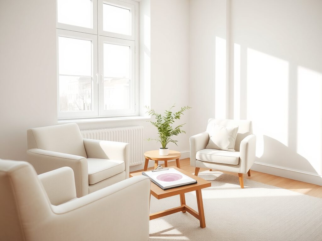 Heller, freundlicher Coachingraum mit drei cremefarbenen Sesseln, einem kleinen Beistelltisch mit Pflanze und einem Holztisch mit Klemmbrett. Sonnenlicht fällt durch ein großes Fenster auf den hellen Teppichboden. Die Atmosphäre wirkt ruhig und einladend.