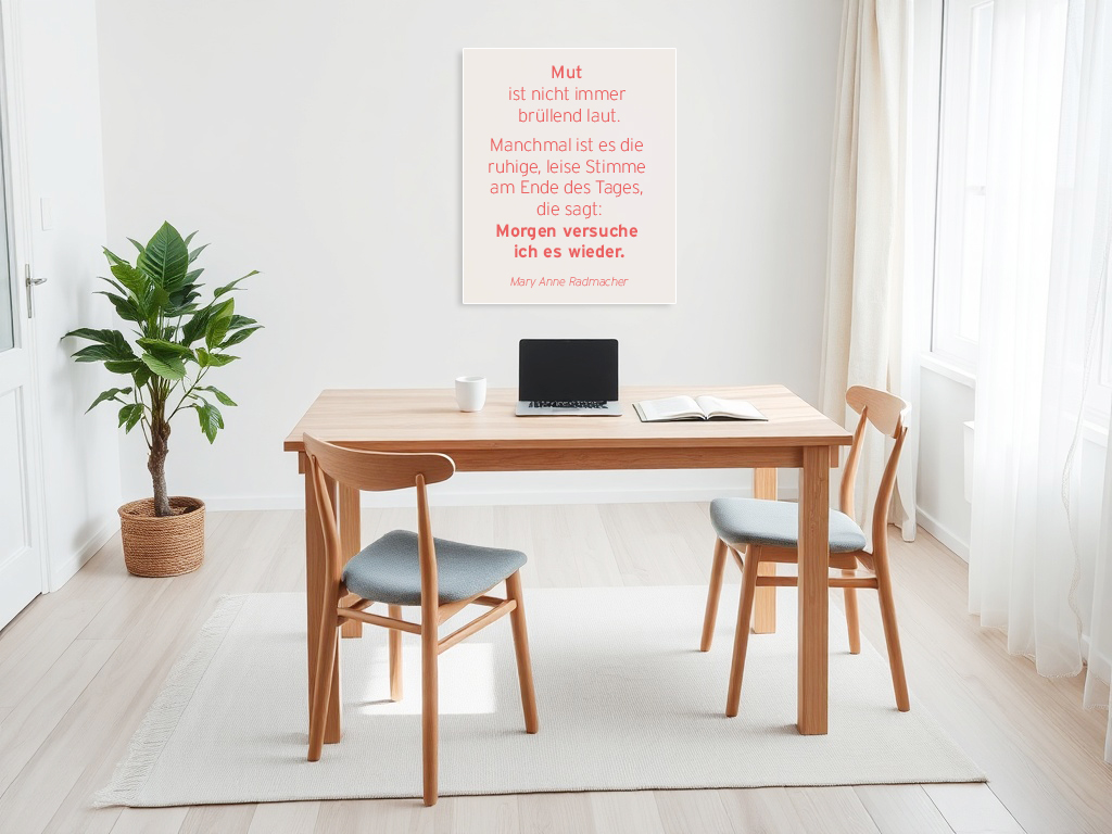 Helles, minimalistisches Arbeitszimmer mit Holztisch und zwei Stühlen. Auf dem Tisch stehen eine Tasse, ein aufgeklapptes Notizbuch und ein Laptop. Links neben dem Tisch steht eine grüne Zimmerpflanze im Korb. An der Wand hängt ein Bild mit dem Zitat: „Mut ist nicht immer brüllend laut. Manchmal ist es die ruhige, leise Stimme am Ende des Tages, die sagt: Morgen versuche ich es wieder.“