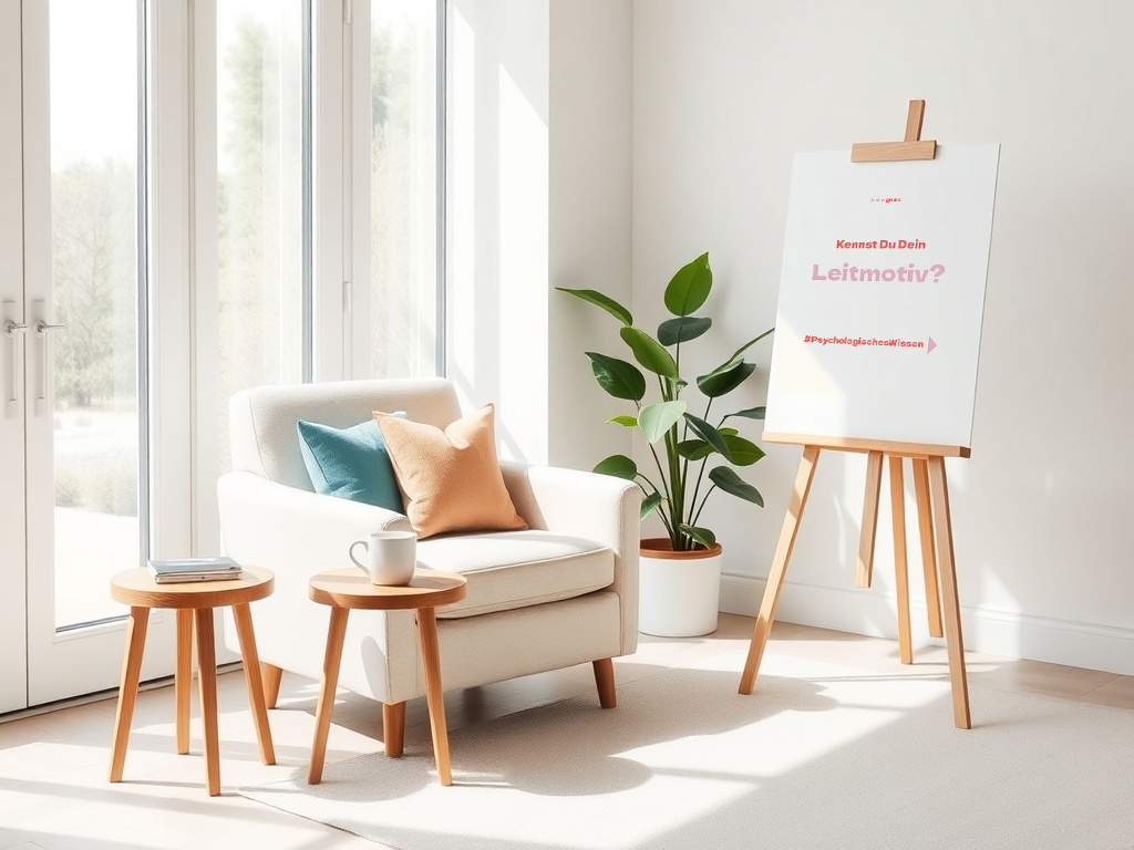 Heller, minimalistischer Raum mit einem cremefarbenen Sessel, zwei kleinen Holztischen mit Tasse und Buch, einer großen Pflanze im weißen Topf und einem leeren Holz-Flipchart. Sonnenlicht fällt durch bodentiefe Fenster auf den hellen Teppichboden, die Atmosphäre wirkt freundlich und einladend.