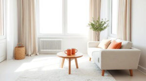 Heller, minimalistischer Wohnraum mit bodentiefen Fenstern und beigen Vorhängen. Auf einem flauschigen weißen Teppich steht ein runder Holzbeistelltisch mit zwei terrakottafarbenen Tassen. Daneben ein helles Sofa mit dezenten Kissen in Beige und Korallton. Tageslicht fällt großzügig in den Raum, im Hintergrund eine Zimmerpflanze. Ruhige, aufgeräumte Atmosphäre.