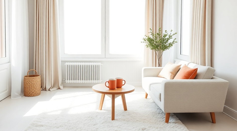 Heller, minimalistischer Wohnraum mit bodentiefen Fenstern und beigen Vorhängen. Auf einem flauschigen weißen Teppich steht ein runder Holzbeistelltisch mit zwei terrakottafarbenen Tassen. Daneben ein helles Sofa mit dezenten Kissen in Beige und Korallton. Tageslicht fällt großzügig in den Raum, im Hintergrund eine Zimmerpflanze. Ruhige, aufgeräumte Atmosphäre.