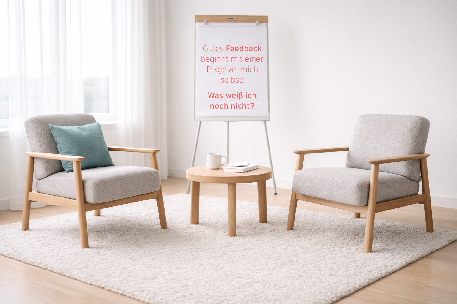 Heller Coachingraum mit zwei grauen Sesseln auf einem hellen Teppich und einem runden Holztisch mit Tasse und Notizbuch. Im Hintergrund steht ein Flipchart mit der Aufschrift: „Gutes Feedback beginnt mit einer Frage an mich selbst: Was weiß ich noch nicht?“