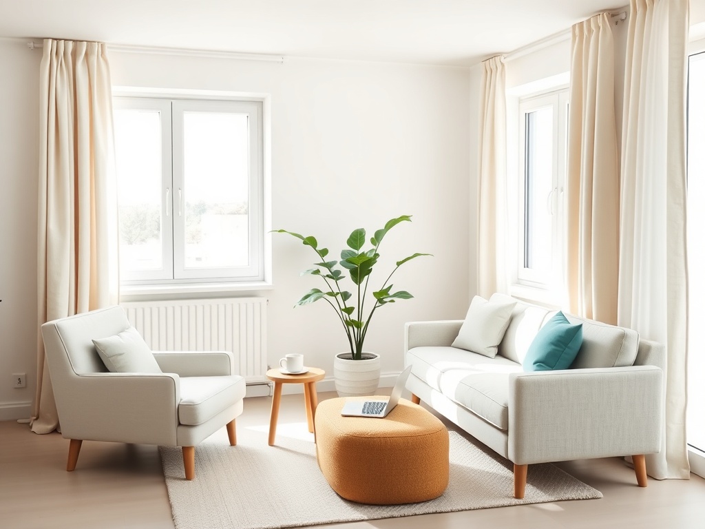 Heller Coachingraum mit Sofa und Sessel auf einem großen, hellen Teppich. In der Mitte steht ein runder, korallfarbener Pouf mit aufgeklapptem Laptop, daneben ein kleiner Holztisch mit Tasse. Eine große grüne Zimmerpflanze steht zwischen den Sitzmöbeln, Tageslicht fällt durch zwei Fenster mit hellen Vorhängen.