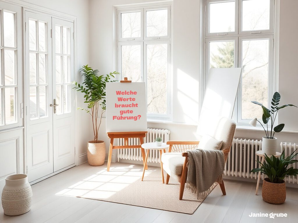Heller Coachingraum mit Sessel, Beistelltisch und mehreren grünen Zimmerpflanzen vor großen Fenstern. Auf einem Flipchart steht die Frage: „Welche Werte braucht gute Führung?“